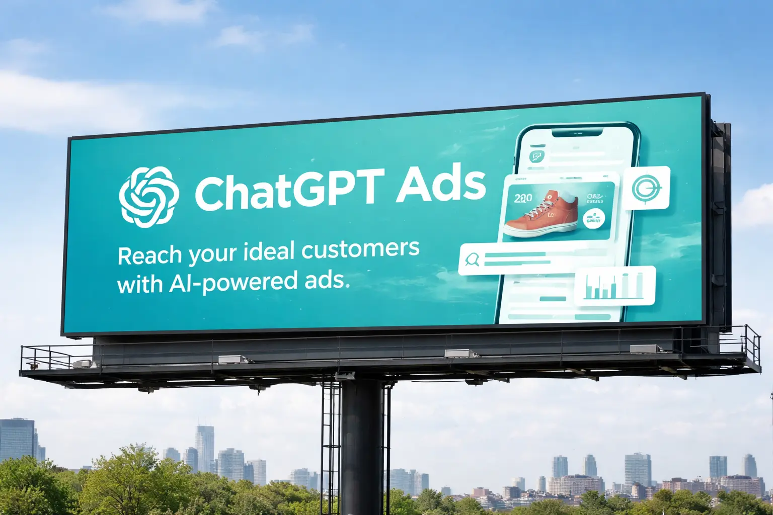 ChatGPT Ads billboard advertisement above a city skyline