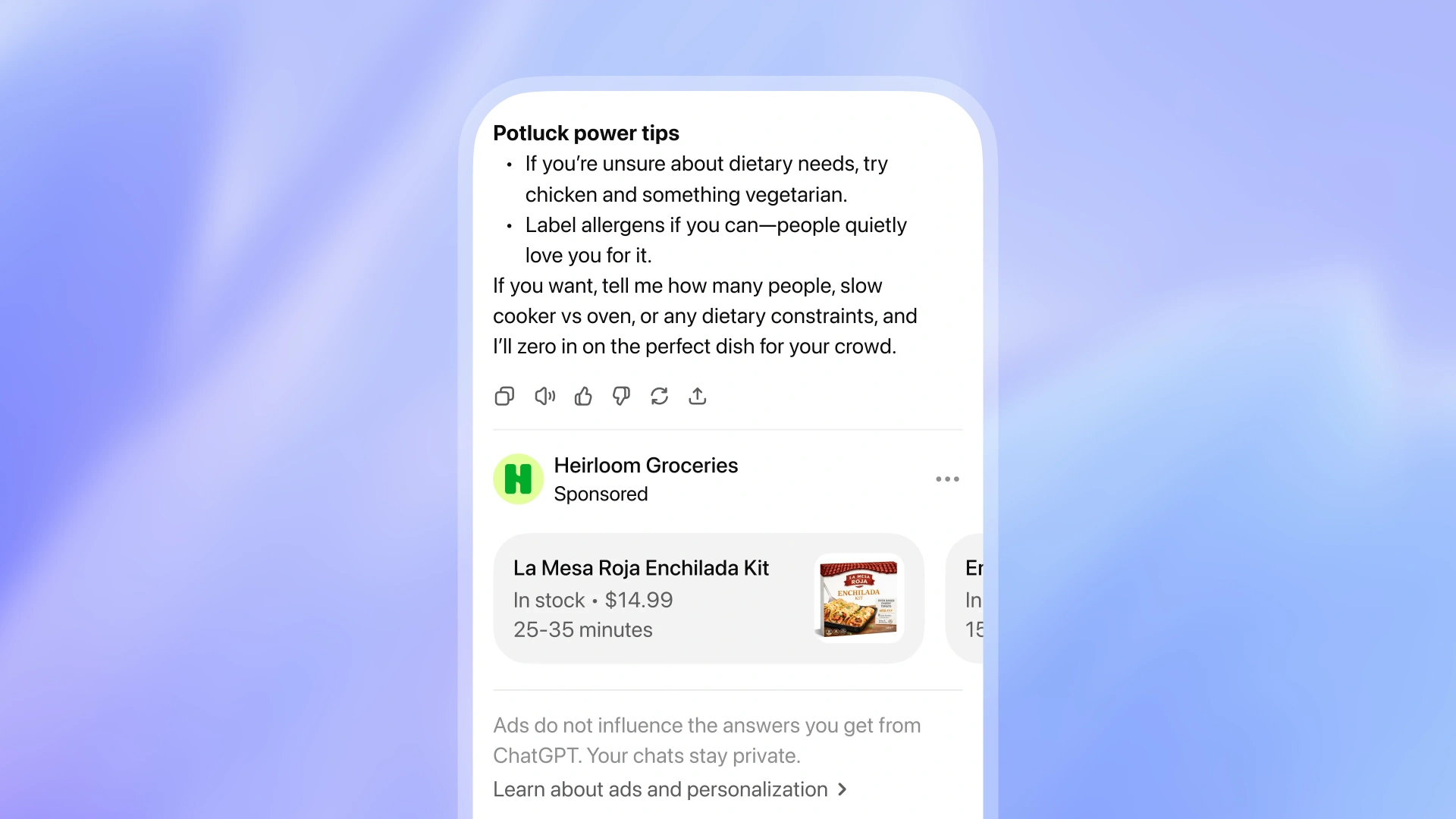 Sponsored product card placed inside a ChatGPT answer