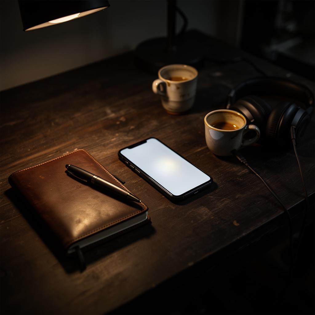 Dark editorial desk with a glowing smartphone, notebook and coffee — Abakus growth war room