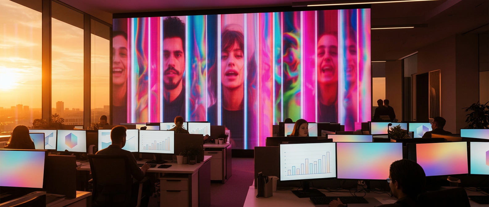 Inside the Abakus studio — media buyers reviewing TikTok-led campaigns