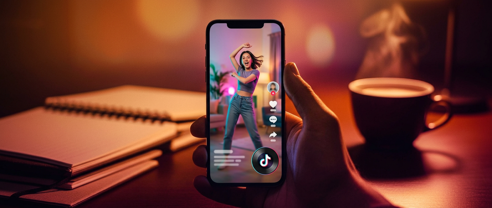 Premium creative ad shown on a phone in a moody editorial setting
